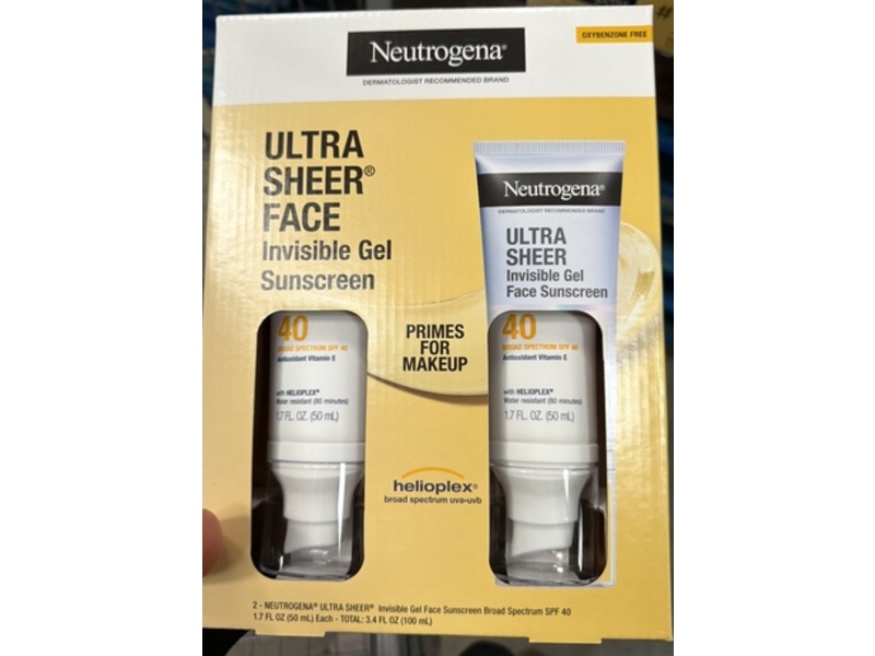 Neutrogena Ultra Sheer Face Invisible Gel Sunscreen, SPF 40, 1.7 fl oz/50 mL, Pack Of 2