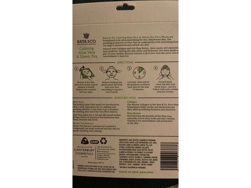 Rata & Co. Calming Sheet Face Masks, Aloe Vera & Green Tea, 5 Count