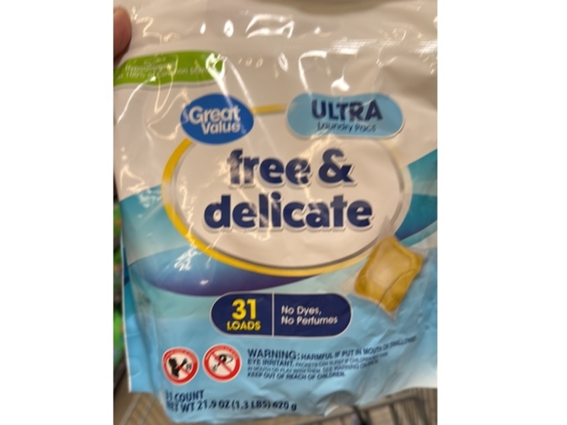 Great Value Free & Delicate Ultra Laundry Pods, 31 Loads, 21.9 oz/620 g
