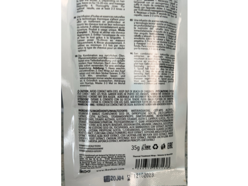 Ikoo Thermal Treatment Wrap Volume & Nourish Mask, Cotton Oil Ginseng & Aloe Vera, 1.2 oz/35 g
