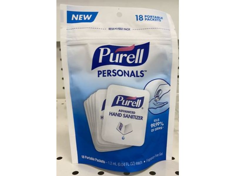 Purell Personals Advanced Hand Sanitizer, 0.04 fl oz/1.2 mL, Pack Of 4, 18 Count