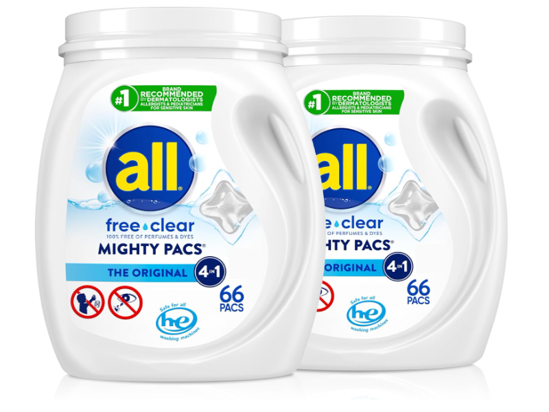 All 4 In 1 Free Clear Mighty Pacs Detergent Pacs, The Original, 66 Count, Pack Of 2