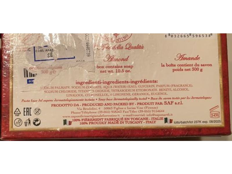 Saponificio Artigianale Fiorentino Soap, Almond Scented, 10.5 oz/300 g