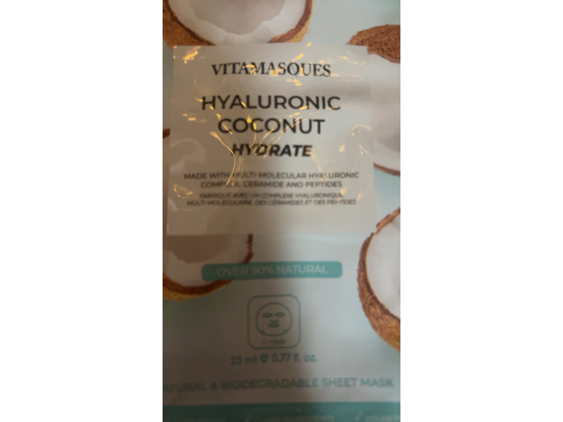 Vitamasques Hyaluronic Coconut Hydrate Sheet Mask, 0.77 fl oz/23 mL