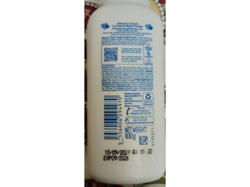 Jonson's Classic Cornstarch Baby Powder, 100 g