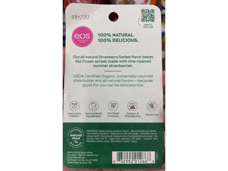 EOS 100% Natural Shea Lip Balm, Strawberry Sorbet, 4 g, Pack Of 2