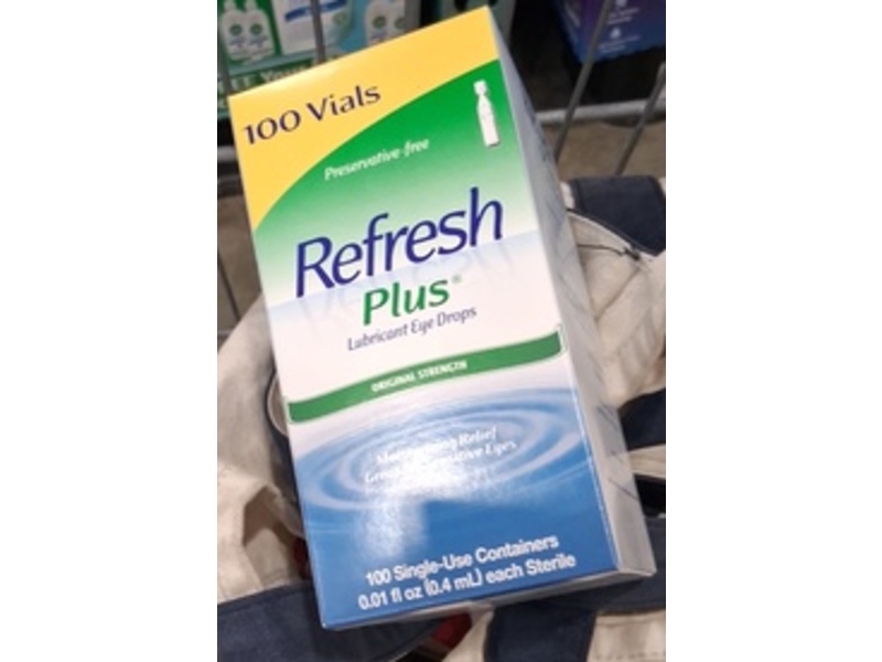 Refresh Plus Lubricant Eye Drops, Original Strength, 0.01 fl oz/0.4 mL, 100 Count.