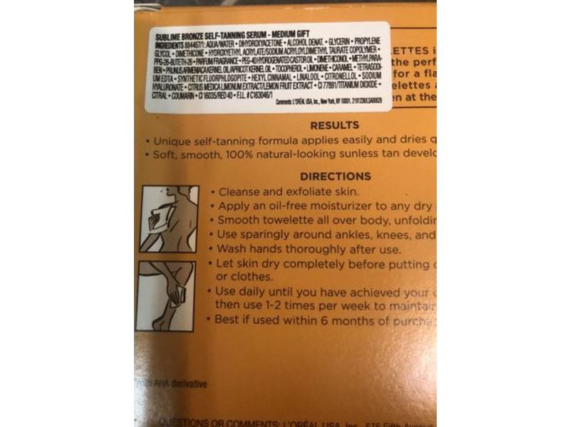 L'oreal Paris Sublime Bronze Self-Tanning Towelettes, Medium, Streak Free, 6 Count, Pack Of 2