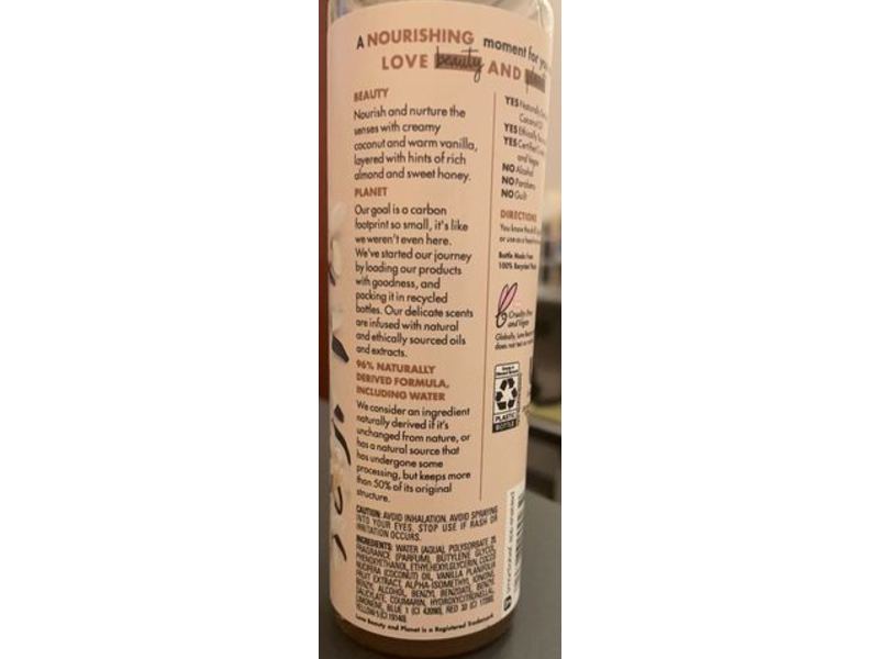 Love Beauty And Planet Beloved Body Mist, Coconut & Warm Vanilla, 8 fl oz