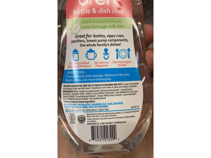 Dreft Bottle & Dish Soap, Fragrance Free, 18 fl oz/532 mL