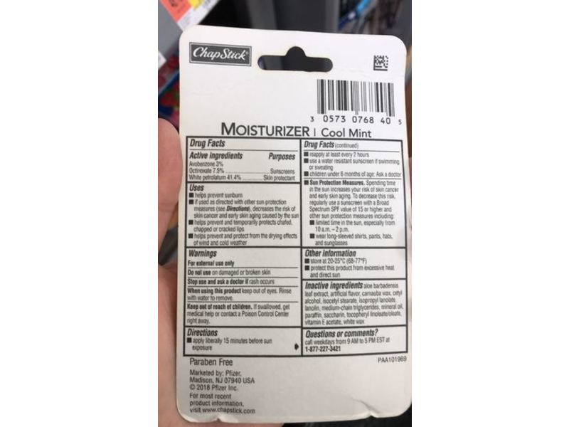 Chapstick Moisturizer Lip Care, Cool Mint, SPF 15, 0.15 oz/4 g, Pack of 3