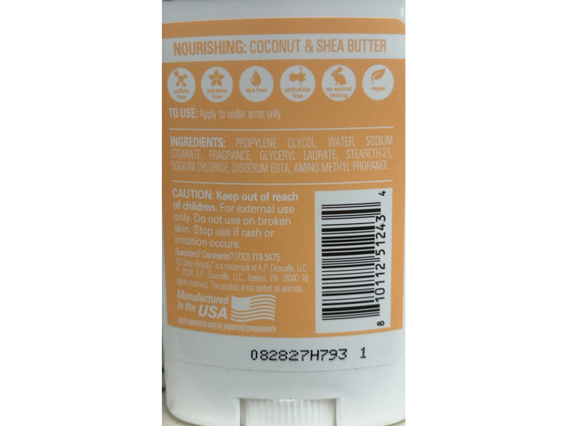 PS Clean Beauty Nourishing Deodorant, Coconut & Shea Butter, 1.7 oz/48 g