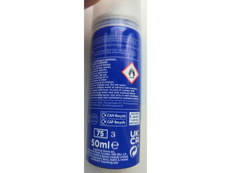 Superdrug Body & Face Instant Cooling Spray, 50 mL