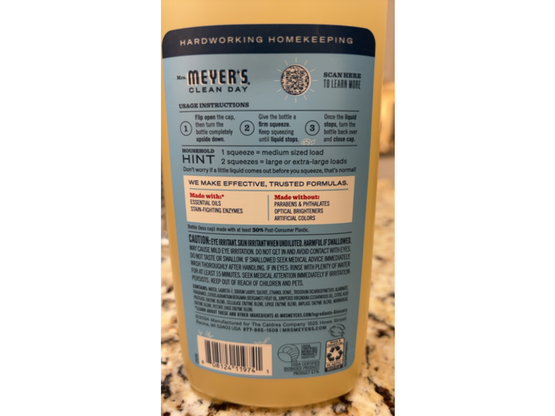 Mrs. Meyer's Clean Day Ultra Concentrated Laundry Detergent, Rain Water Scent, 60 Loads, 24.3 fl oz/720 mL