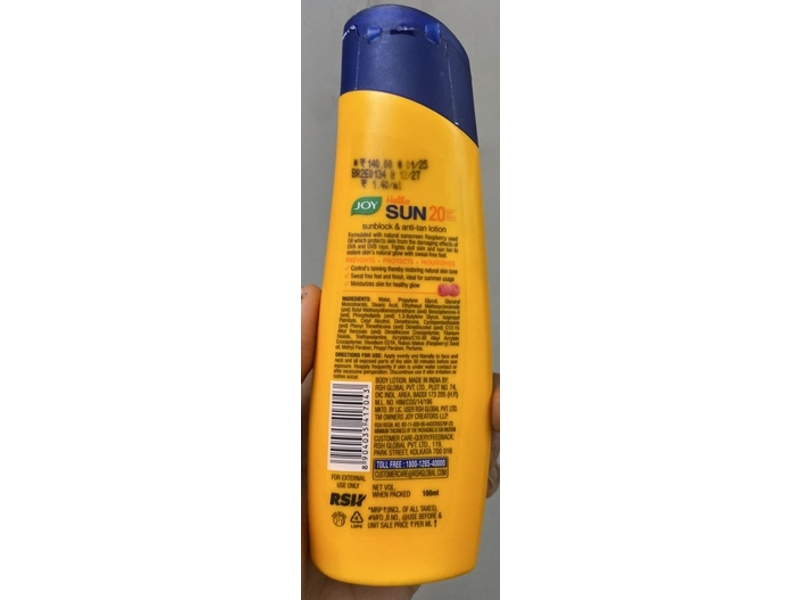 Joy Hello Sun Sunblock & Anti-Tan Lotion, SPF 20 PA++, 100 mL