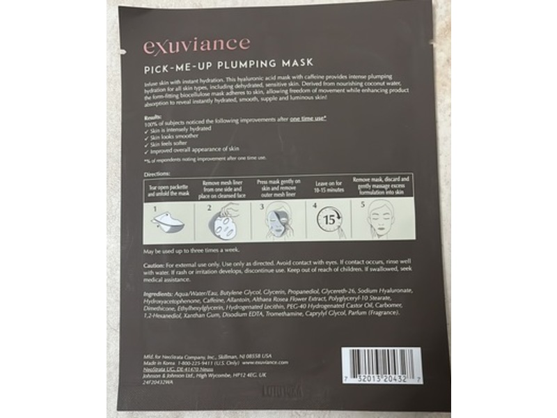 Exuviance Pick Me Up Plumping Mask, Hyaluronic Acid & Caffeine, 0.7 fl oz/20 g, 1 Count
