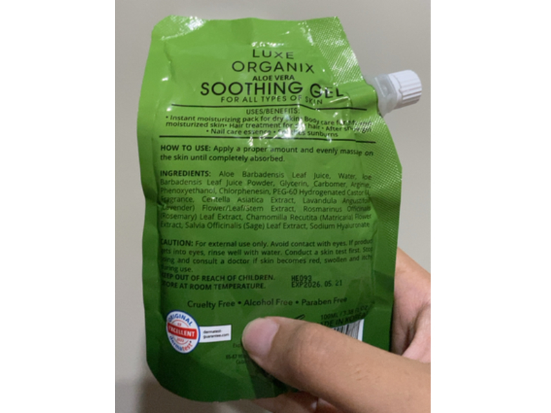 Luxe Organix Aloe Vera Soothing Gel, 3.38 fl oz/100 mL