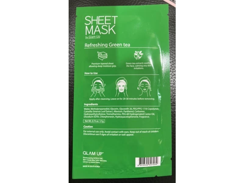 Glam Up Refreshing Sheet Mask, Green Tea, 0.74 oz/21 g