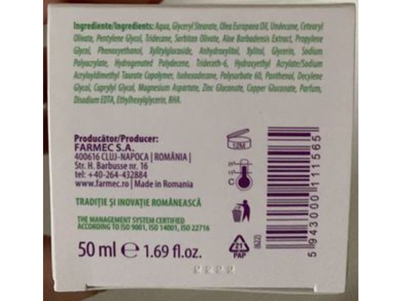 Farmec Cream Hidratanta, Aloe Vera, 1.69 fl oz/50 mL