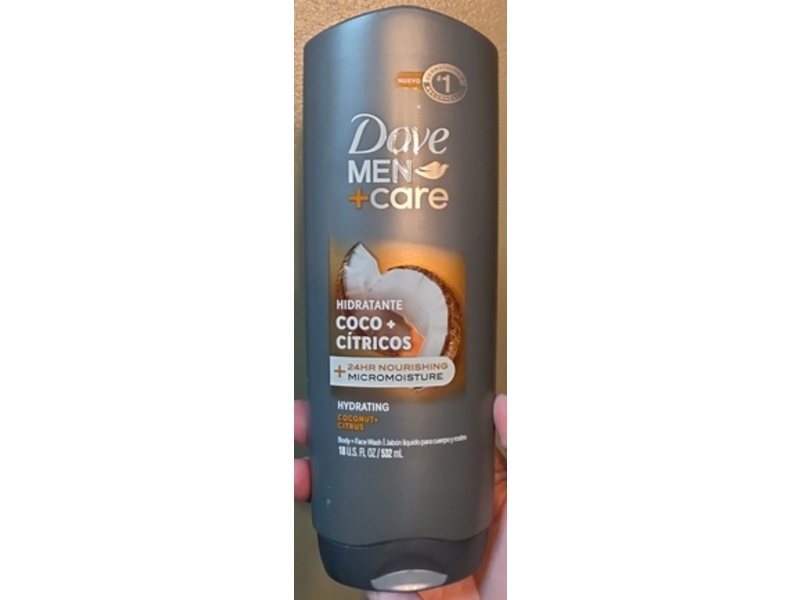 Dove Men+Care Hydrating Body + Face Wash, Coconut + Citrus, 18 fl oz/532 mL, Pack Of 4
