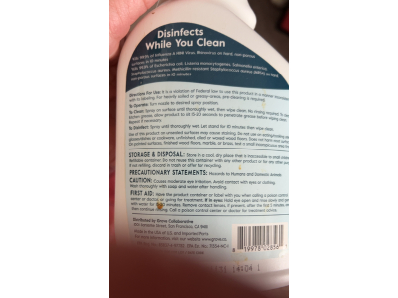 Grove All Purpose Disinfectant Cleaner, Unscented, 24 fl oz/702 mL