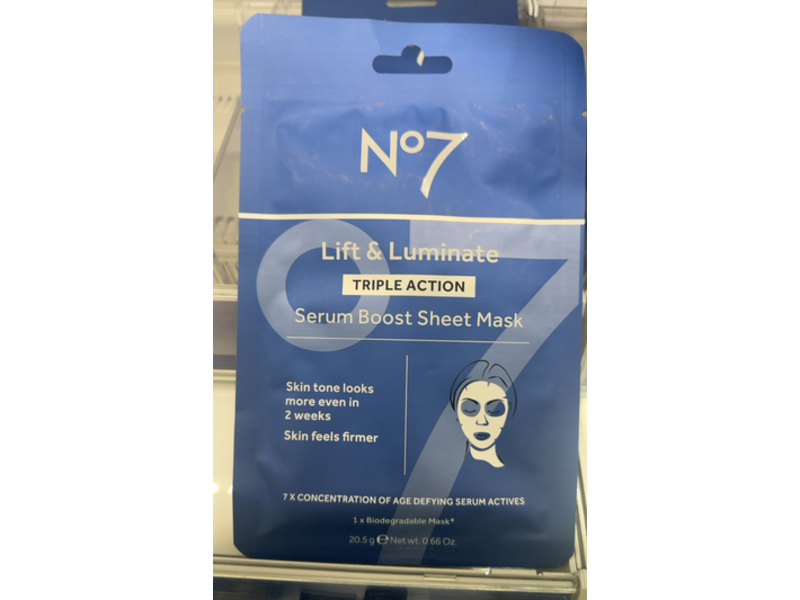 No 7 Lift & Luminate Triple Action Serum Boost Sheet Mask, 0.66 oz/20.5 g