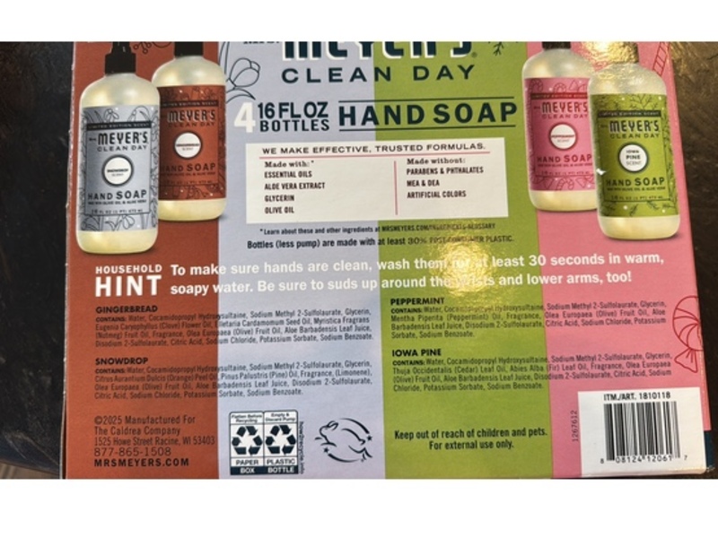 Mrs.Meyer's Clean Day Hand Soap Set, Peppermint + Iowa Pine + Snow Drop & Gingerbread, 16 fl oz/473 mL, 4 Count