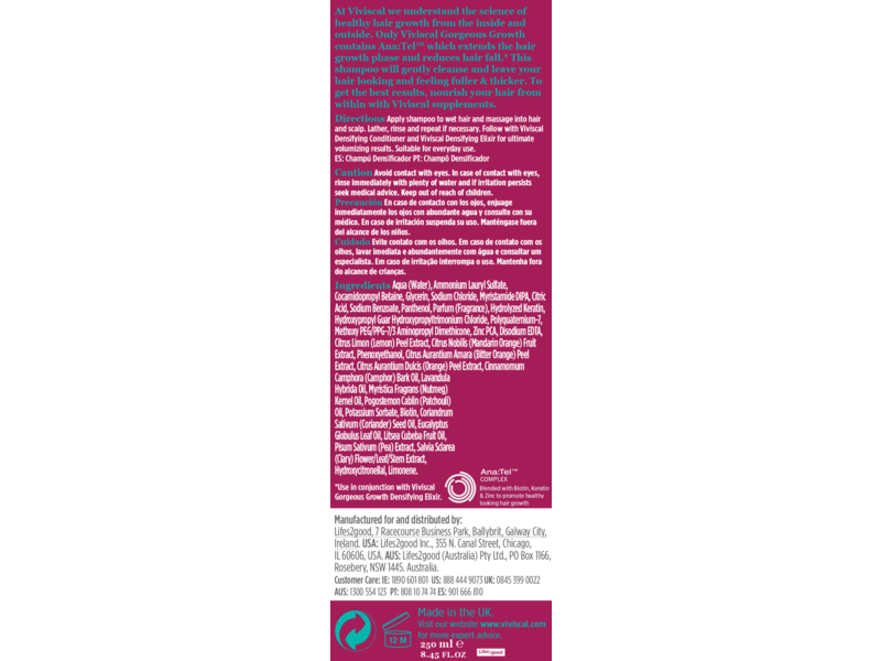 Viviscal Gorgeous Growth Densifying Shampoo, Ana:Tel Complex, 8.45 fl oz/250 mL