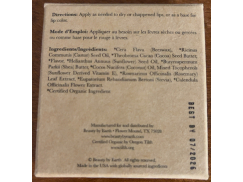 Beauty By Earth Organic Beeswax Lip Balm, Vanilla Bean, 0.15 oz, 4 Count