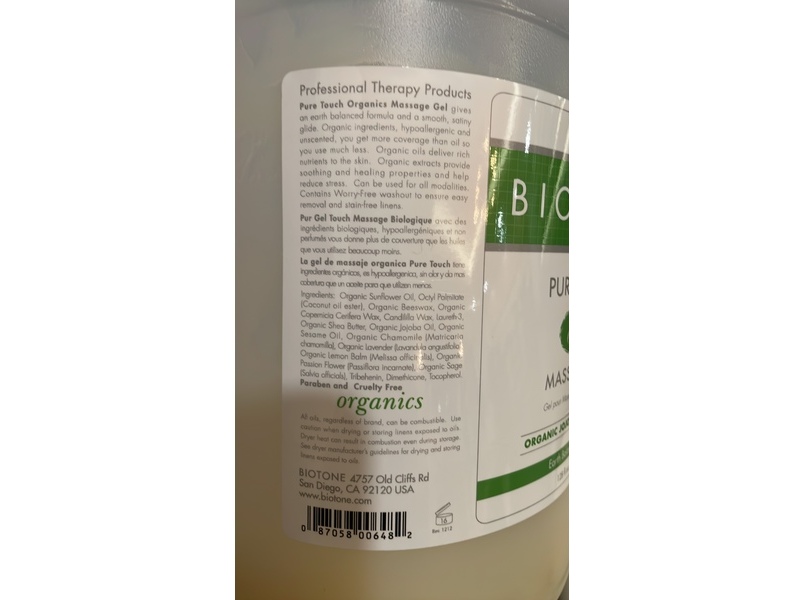 Biotone Pure Touch Organic Massage Gel, Organic Jojoba & Shea Butter, 128 fl oz/3776 mL