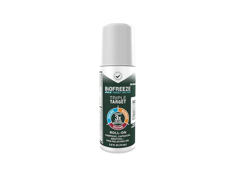 Biofreeze Triple Target Roll-On Pain Relieving Gel, 2.5 fl oz/74 mL