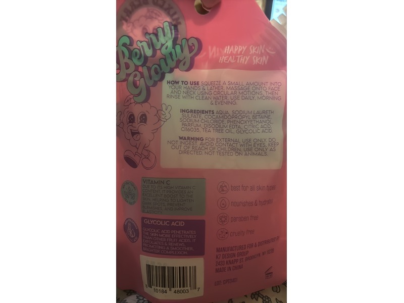 K7 Design Group Berry Glowy Detoxifies & Clarifies Skin Face Wash, Tea Tree Oil + Glycolic Acid, 3.38 fl oz/100 mL