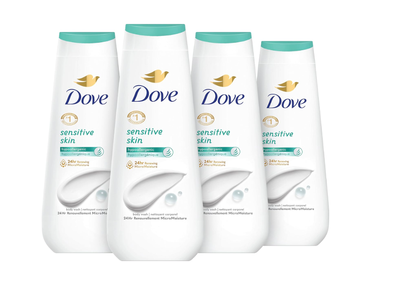 Dove Sensitive Skin, Body Wash, 20 fl oz/591 mL, Pack Of 4