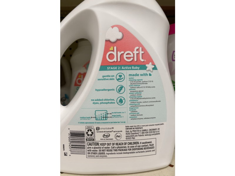 Dreft Active Baby Liquid Laundry Detergent, 45 Loads, 65 fl oz/1.92 L