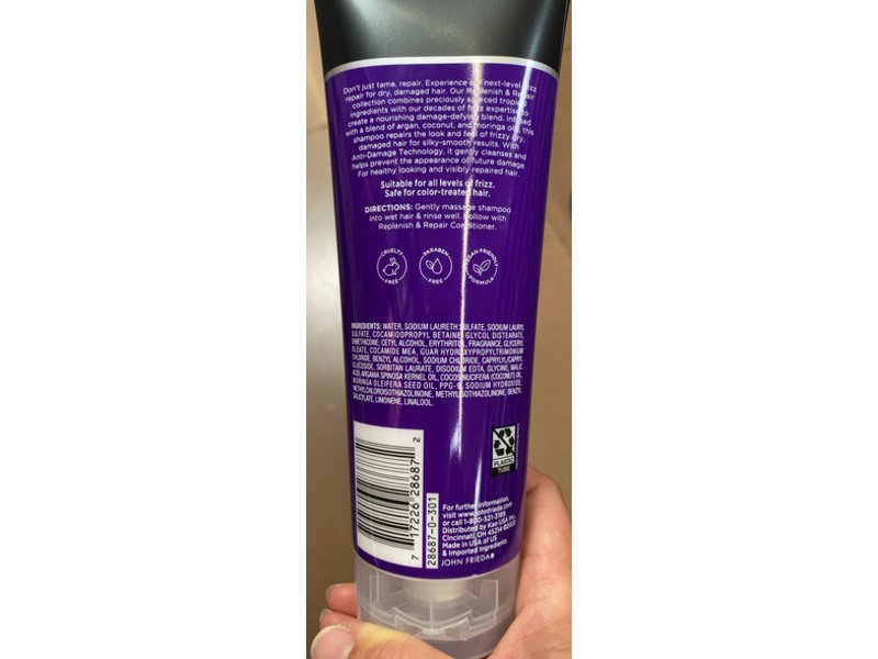 John Frieda Frizz Ease Replenish & Repair Nourishing Shampoo, Argan, Coconut & Moringa Oils, 10.1 fl oz/298 mL