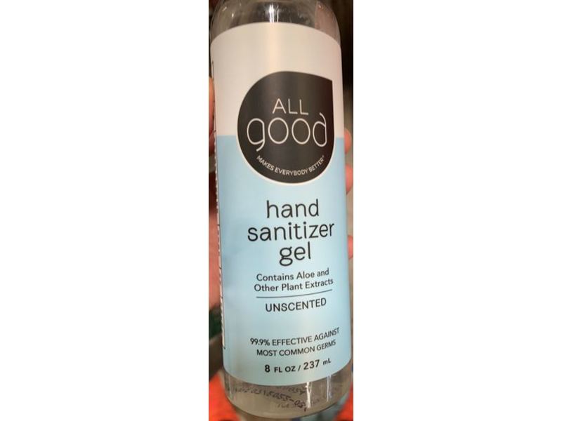 All Good Hand Sanitizer Gel, Unscented, 8 fl oz/237 mL