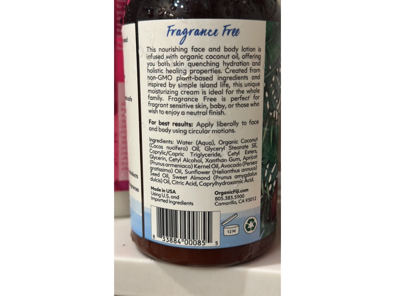 Organic Fiji Face & Body Lotion, Fragrance Free, 12 fl oz/354 mL