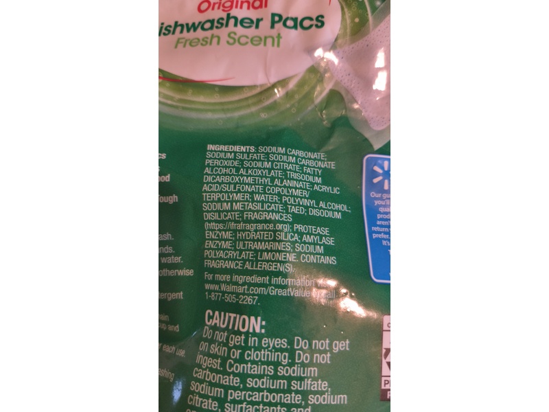 Great Value Original Dishwasher Pacs, Fresh Scent, 15.6 oz/445g, 33 Count
