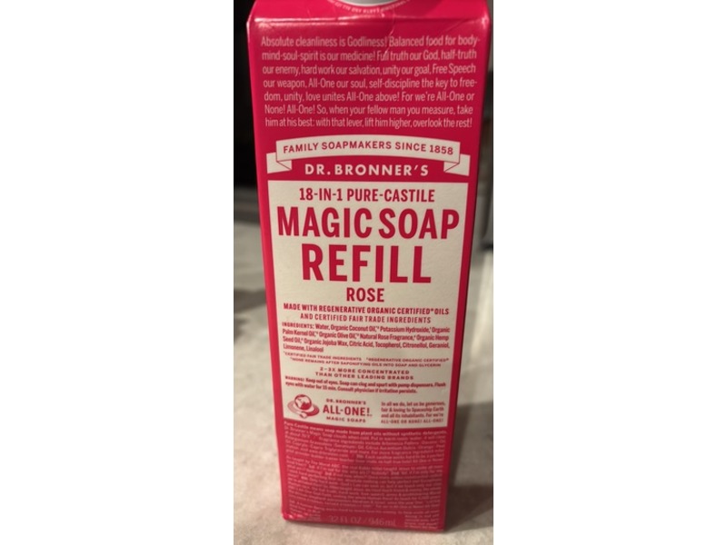 Dr. Bronner's 18-In-1 Pure Castile Magic Soap Refill, Rose, 32 fl oz/946 mL