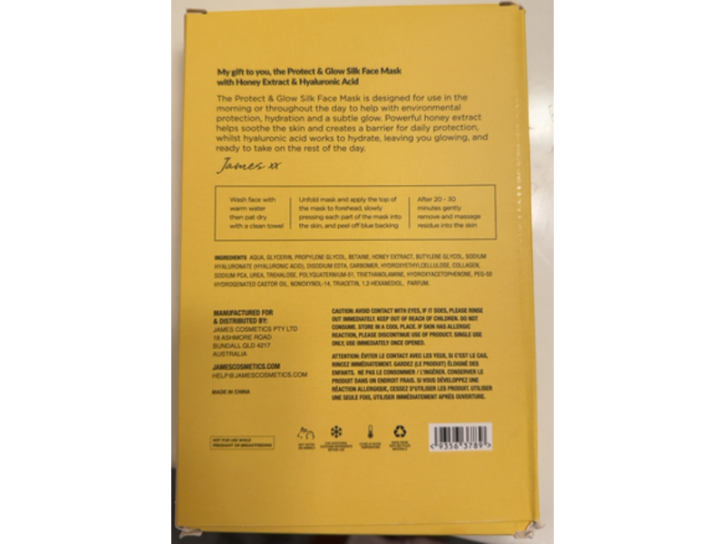James Protect & Glow Silk Face Mask, Honey Extract & Hyaluronic Acid, 1 fl oz/30 mL, 5 Counts