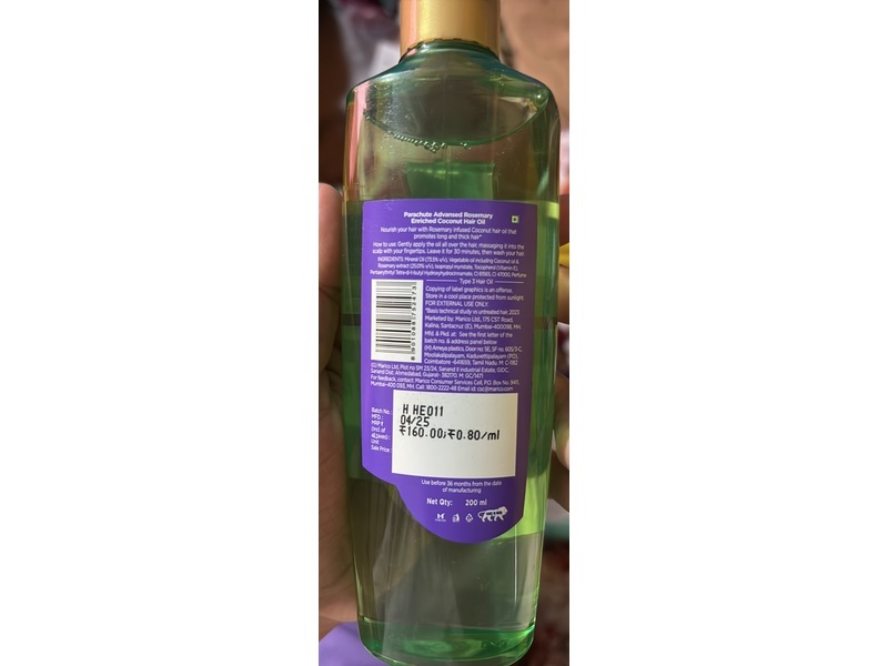 Parachute Advansed Rosemary Enriched Coconut Oil, 200 mL