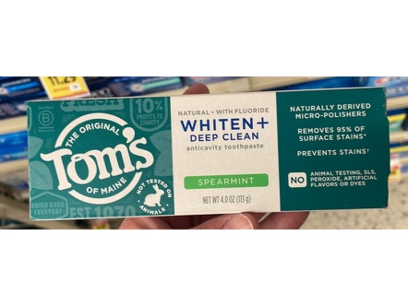 Tom's Of Maine Whiten + Deep Clean Anticavity Toothpaste, Spearmint, 4 oz/113 g
