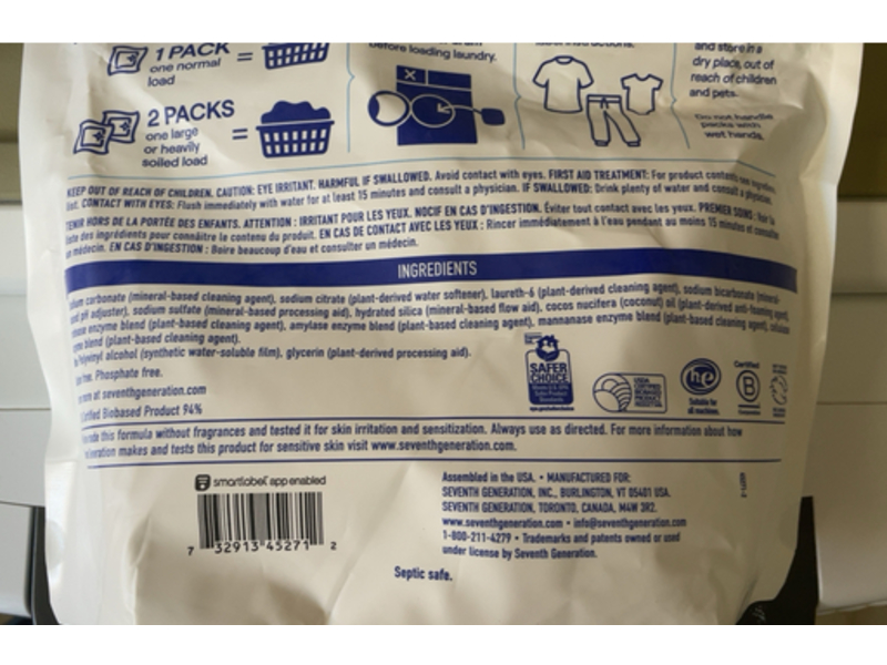 Seventh Generation Laundry Detergent Packs, Free & Clear, 64 Packs