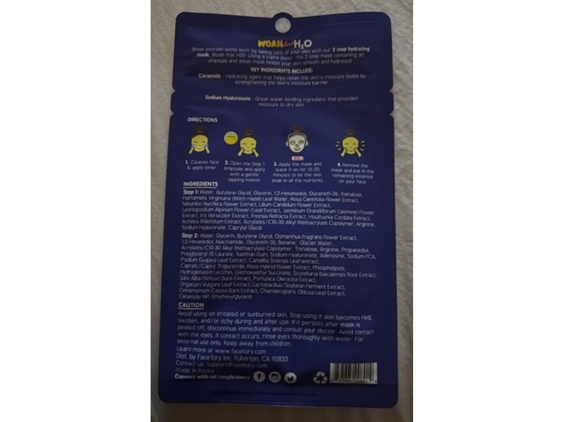 FaceTory 2-Step Hydrating Mask, Woah That H2O, 0.92 fl oz/26 g, Pack Of 5