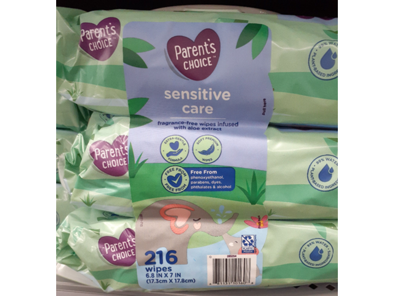 Parent's Choice Fragrance-Free Wipes, Aloe Extract, Sensitive Care, 216 Count, Pack Of 3