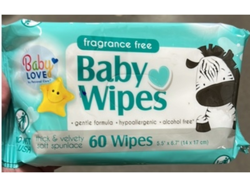 Baby Love By Personal Care Baby Wipes, Fragrance Free, 60 Count