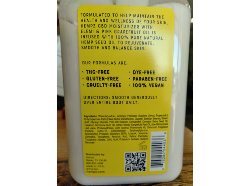 Hempz CBD 300 Mg Herbal Body Moisturizer, Elemi & Pink Grapefruit Oil, 8.5 fl oz/250 mL
