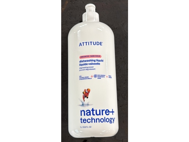 Attitude Dishwashing Liquid, Unscented, 33.8 fl oz/1 L