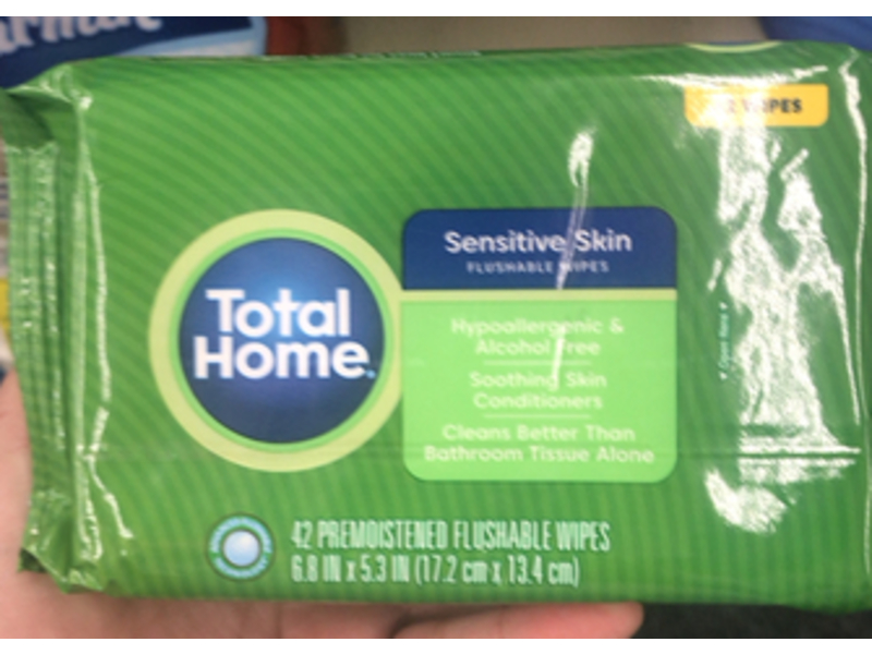 Total Home Flushable Wipes, Sensitive Skin, 42 Counts