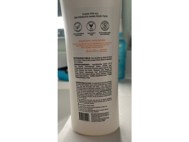 Raw Sugar Simply Body Wash, Raw Coconut + Mango, 25 fl oz/740 mL, Pack Of 3